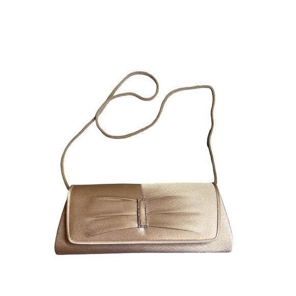 Womens Gold Satin Evening Clutch Purse Rhinestone Detail Chain Strap Formal - Picture 1 of 8